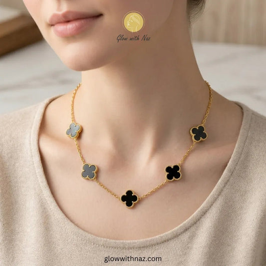 5 Clover Black Stylish Gold Plated Stainless Steel Necklace - 5 Clover Black Stylish Gold Plated Stainless Steel NecklaceJewelryGlow With NazGlow With NazN-N004N-N0045 Clover Black Stylish Gold Plated Stainless Steel Necklace necklace, pendant necklace, necklace set, locket set, simple necklace, pendant set, pendant, chain necklace, diamond pendant, diamond necklace, locket necklace, neck chain, girls locket, heart locket, pendant for girls, necklace for girls, heart necklace, locket for girls,