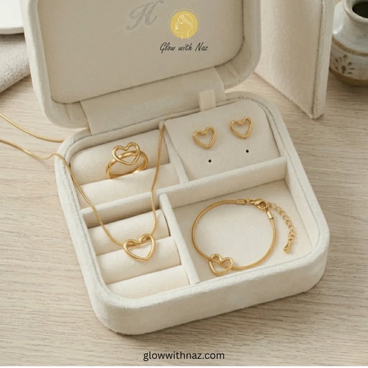 Complete romantic heart jewelry set styled for a polished look - Glow with Naz necklace, pendant necklace, necklace set, locket set, simple necklace, pendant set, pendant, chain necklace, diamond pendant, diamond necklace, locket necklace, neck chain, girls locket, heart locket, pendant for girls, necklace for girls, heart necklace, locket for girls, diamond locket, pendant necklace for girls, heart chain locket, stainless steel necklace, double chain necklace, ruby necklace, neck chain for girls, locket de