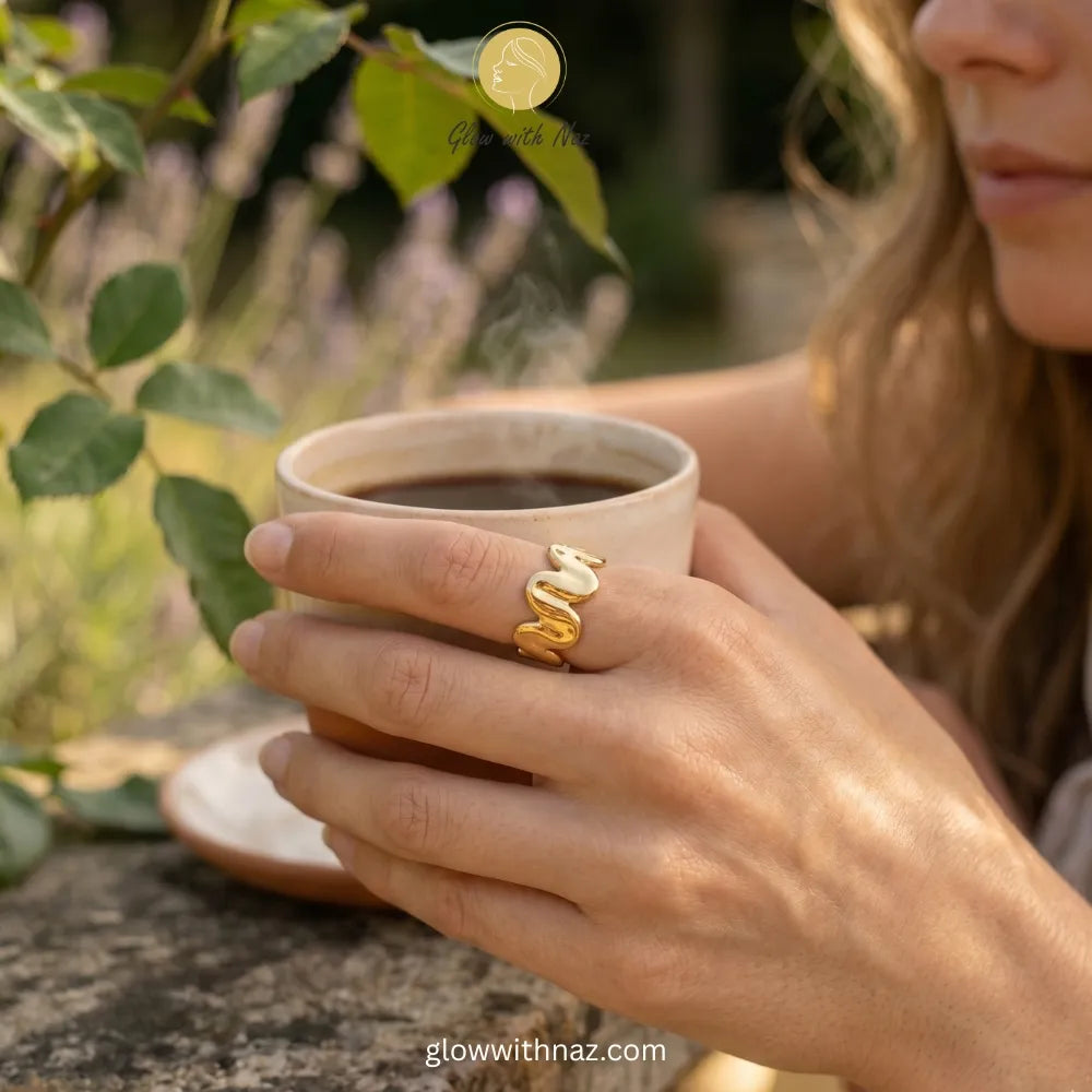 A polished gold ring featuring a molten wave, sculptural design with an adjustable band. ring, girls rings, rings for girls, rings simple, simple rings, stainless steel jewelry, jewellery set, aesthetic jewelry, simple jewellery, chain, jewelry, artificial jewellery, green jewellery, girls jewellery, rings for women, black ring, flower jewellery, chain for girls, jewellery for girls, jewellery