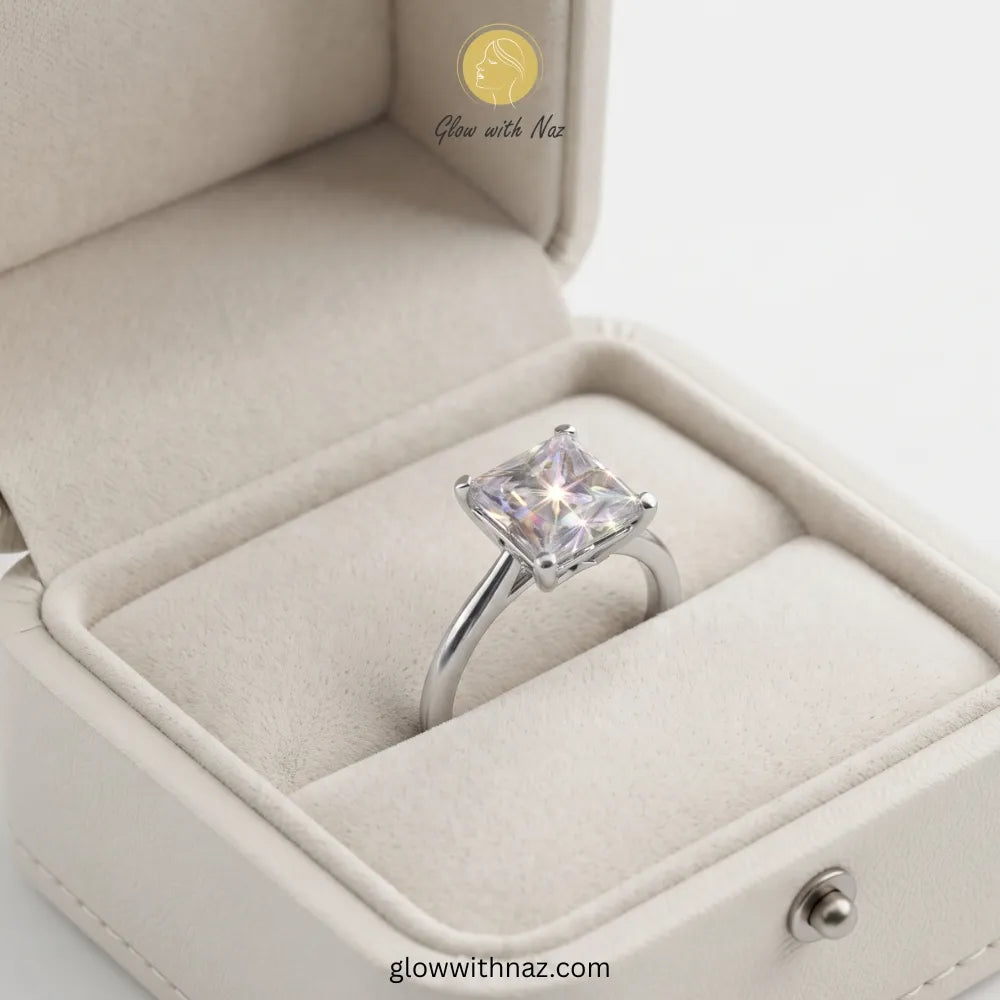A square princess-cut solitaire ring with a silver-colored band displayed inside an open cream-colored velvet ring box. The ring features a sparkling clear gemstone. ring, girls rings, rings for girls, rings simple, simple rings, stainless steel jewelry, jewellery set, aesthetic jewelry, simple jewellery, chain, jewelry, artificial jewellery