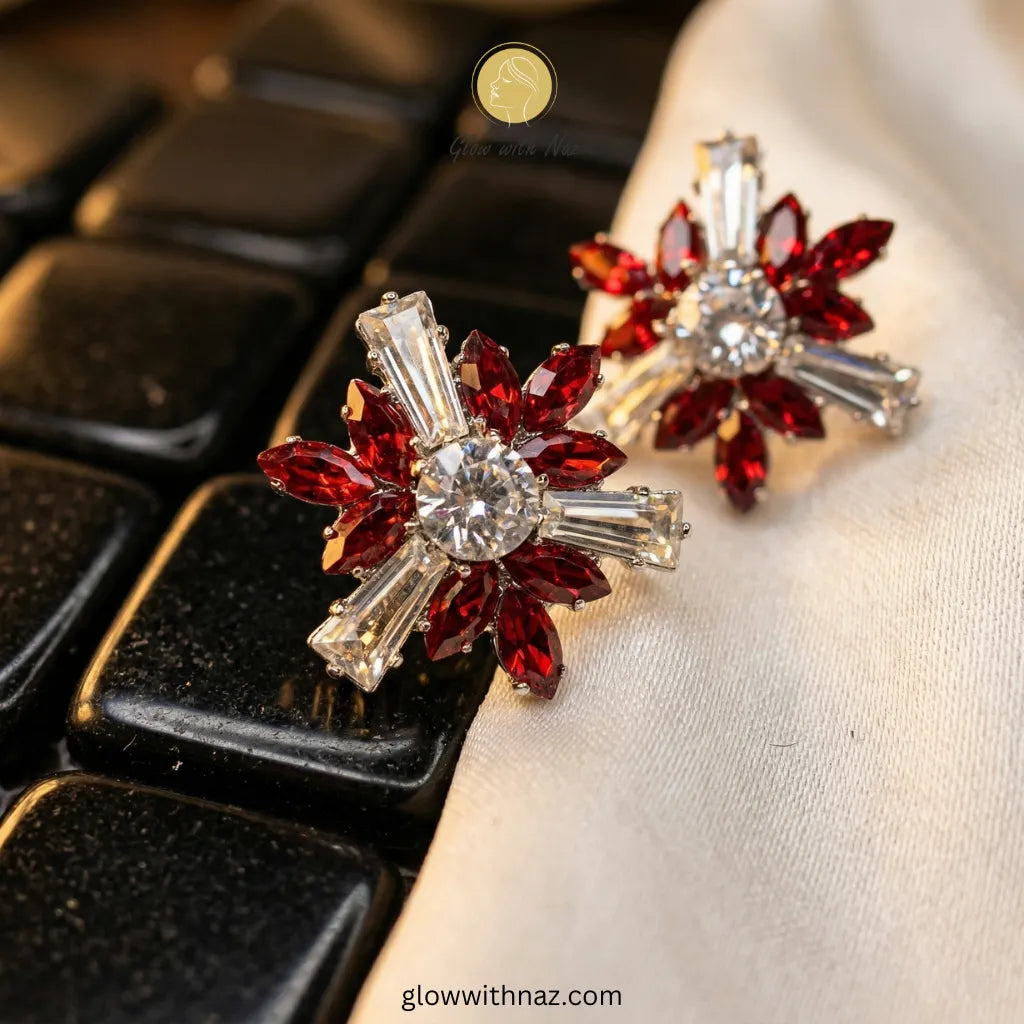 Red Starburst Crystal Studs Earrings