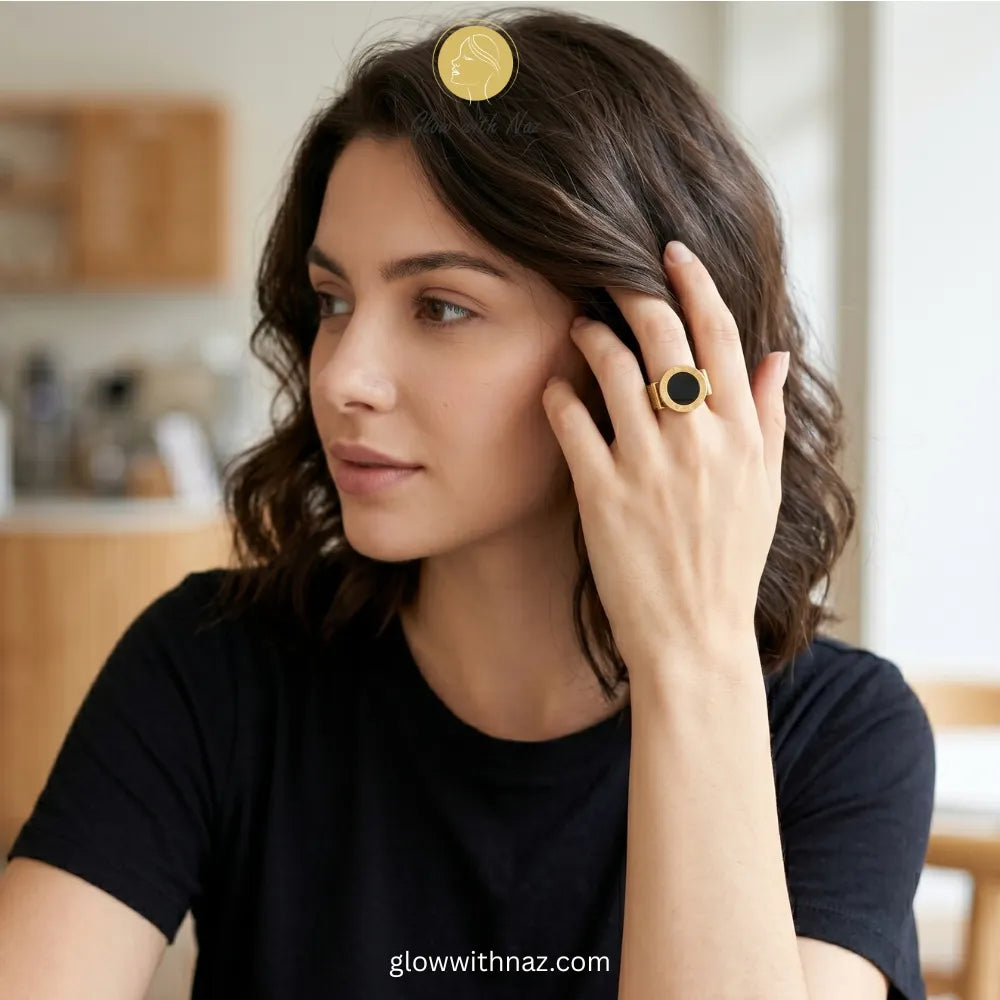High-quality stainless steel gold ring with black enamel mesh, perfect for modern, timeless fashion. ring, girls rings, rings for girls, rings simple, simple rings, stainless steel jewelry, jewellery set, aesthetic jewelry, simple jewellery, chain, jewelry, artificial jewellery, green jewellery, girls jewellery, rings for women, black ring, flower jewellery, chain for girls, jewellery for girls, jewellery