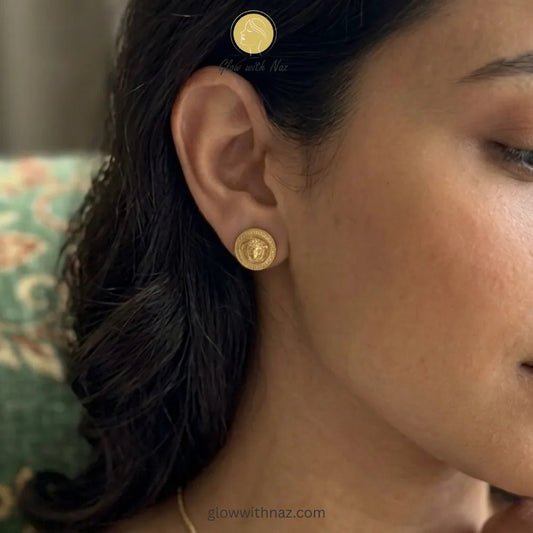 Anti Tarnish Gold Stud Versace Medusa Earring Studs - Anti Tarnish Gold Stud Versace Medusa Earring StudsJewelryGlow With NazGlow With NazE020E020Bold gold studs displayed to highlight their statement size and detailed motif