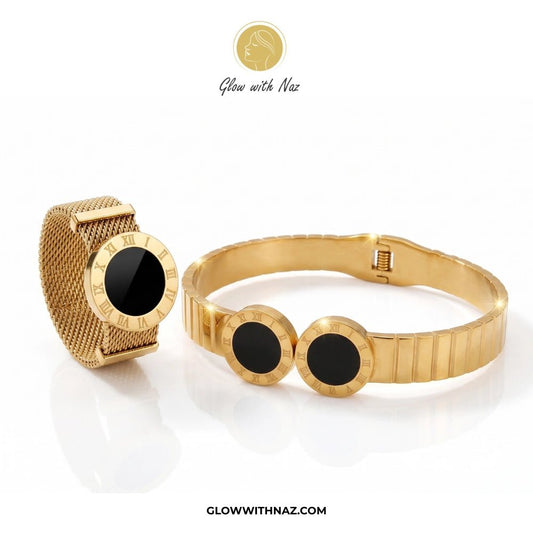 Bundle Offer: Black Dot Gold Roman Numeral Mesh Ring, Hoop Earring & Hand Cuff Bracelet - Bundle Offer: Black Dot Gold Roman Numeral Mesh Ring, Hoop Earring & Hand Cuff BraceletJewelryGlow With NazGlow With Naz6Bundle Offer: Black Dot Gold Roman Numeral Mesh Ring, Hoop Earring & Hand Cuff Bracelet