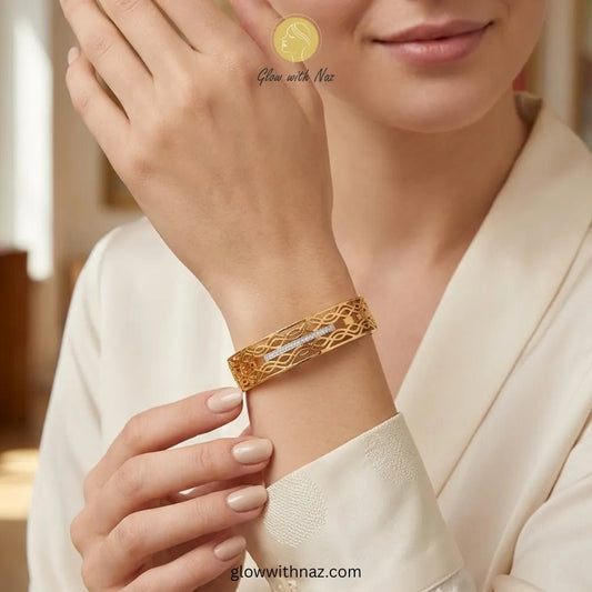 Elegant Filigree Gold-Plated Stainless Steel Hand Cuff Bracelet - Elegant Filigree Gold-Plated Stainless Steel Hand Cuff BraceletJewelryGlow With NazGlow With NazB0044B0044Close-up of intricate filigree pattern and stone-encrusted accent bar