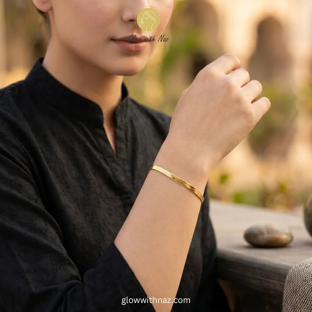 Elegant Gold-Plated Simple Stainless Steel Snake Chain Bracelet - Elegant Gold-Plated Simple Stainless Steel Snake Chain BraceletJewelryGlow With NazGlow With NazB0039B0039Minimalist gold herringbone bracelet worn for daily luxury styling