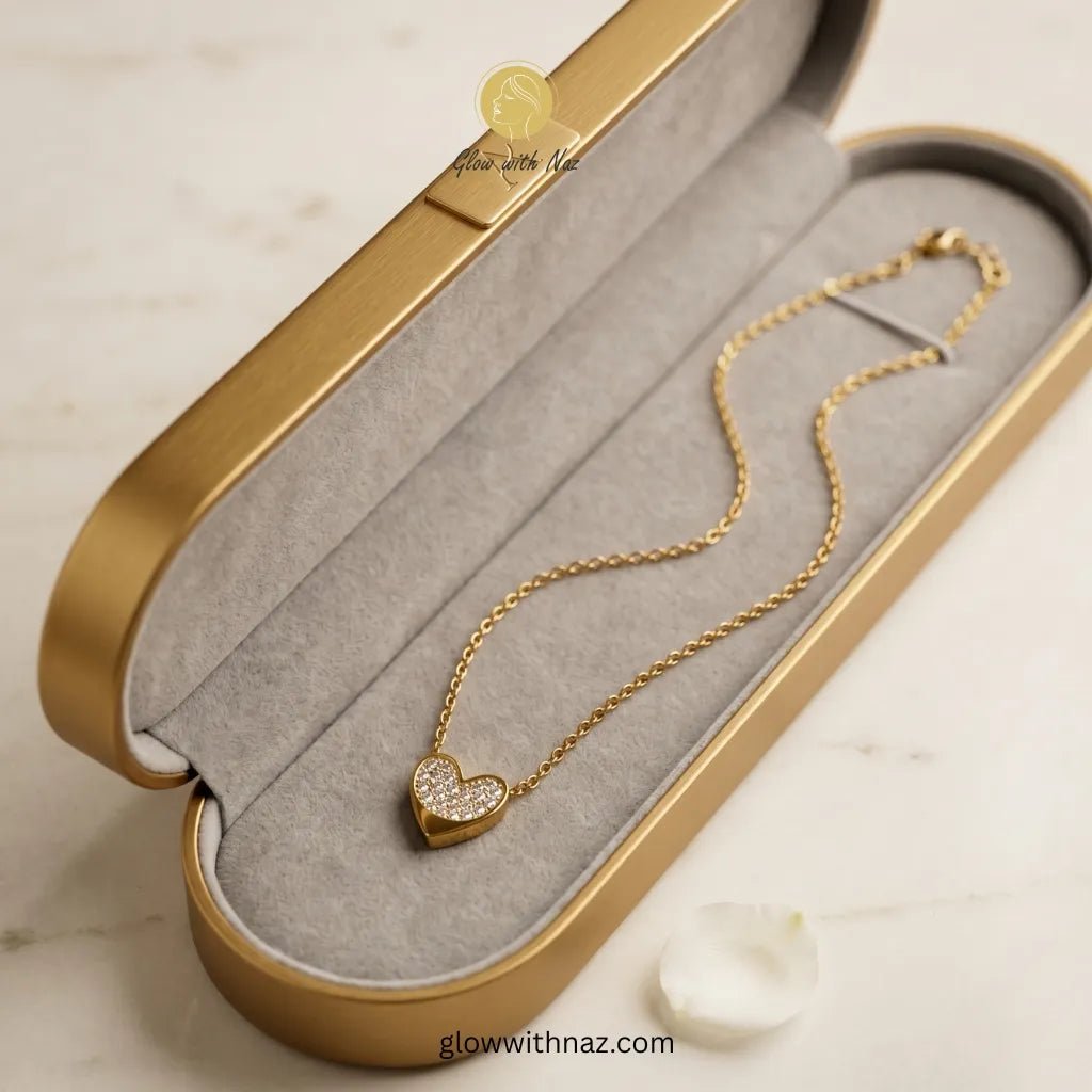 Gold Heart Pendant Necklace - Gold Heart Pendant NecklaceJewelryGlow With NazGlow With NazN-N037N-N037Gold pavé crystal heart pendant necklace online in Pakistan — anti - tarnish stainless steel by Glow with Naz, delivery across Karachi Lahore Islamabad necklace, pendant necklace, necklace set, locket set, simple necklace, pendant set, pendant, chain necklace, diamond pendant, diamond necklace, locket necklace, neck chain, girls locket, heart locket, pendant for girls, necklace for girls, heart necklace, lo