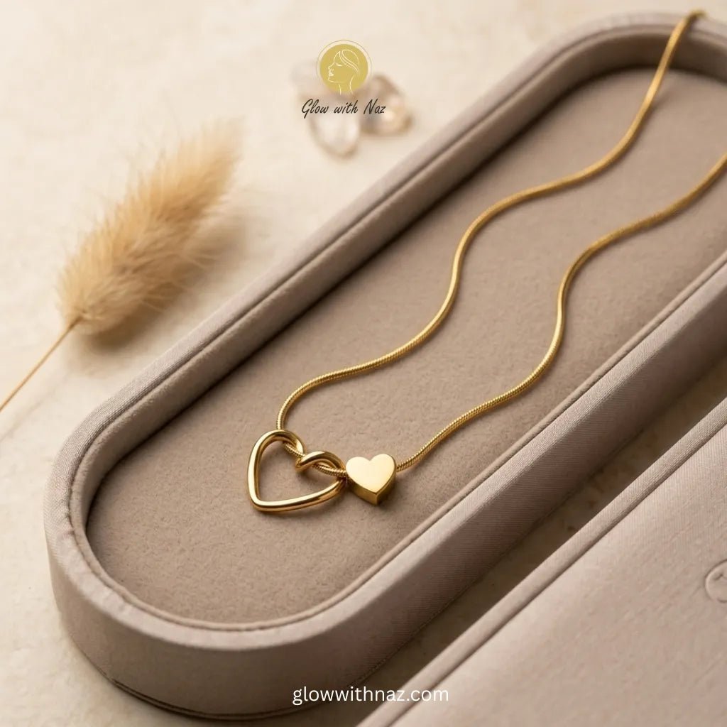Premium Quality Double Heart Gold Necklace - Premium Quality Double Heart Gold NecklaceJewelryGlow With NazGlow With NazN-N036N-N036Premium quality double heart interlocking gold pendant on snake chain necklace in velvet - lined display tray — anti - tarnish stainless steel by Glow with Naz necklace, pendant necklace, necklace set, locket set, simple necklace, pendant set, pendant, chain necklace, diamond pendant, diamond necklace, locket necklace, neck chain, girls locket, heart locket, pendant for girls,