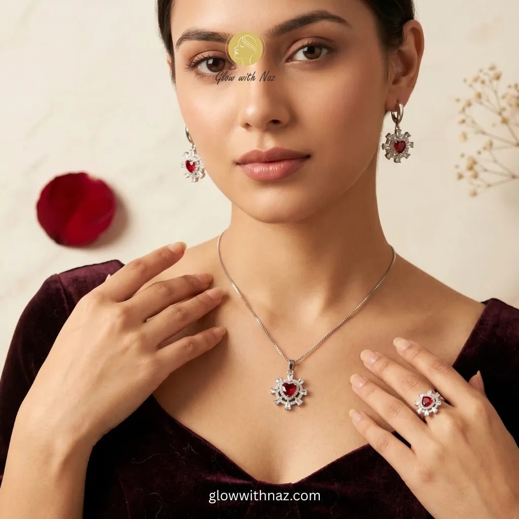 Silver Ruby Red Heart Jewelry Set - Silver Ruby Red Heart Jewelry SetJewelryGlow With NazGlow With NazN-N027N-N027 Silver Ruby Red Heart Pendant, Earrings & Ring 3 - Piece Jewelry Set in Pakistan β Anti - Tarnish Pure Stainless Steel | Glow with Naz