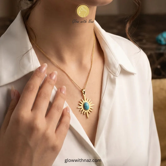Shop the Celestial Sunburst Turquoise Necklace at Glow with Naz. Premium artificial jewelry in Pakistan. Elevate your style and shine every day. necklace, pendant necklace, necklace set, locket set, simple necklace, pendant set, pendant, chain necklace, diamond pendant, diamond necklace, locket necklace, neck chain, girls locket, heart locket, pendant for girls, necklace for girls, heart necklace, locket for girls, diamond locket, pendant necklace for girls, heart chain locket, stainless steel necklace, dou