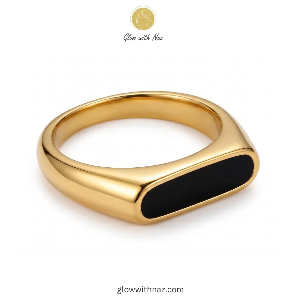 24K Gold Plated Premium Black Epoxy Ring, ring, girls rings, rings for girls, rings simple, simple rings, stainless steel jewelry, jewellery set, aesthetic jewelry, simple jewellery, chain, jewelry, artificial jewellery, green jewellery, girls jewellery, rings for women, black ring, flower jewellery, chain for girls, jewellery for girls, jewellery