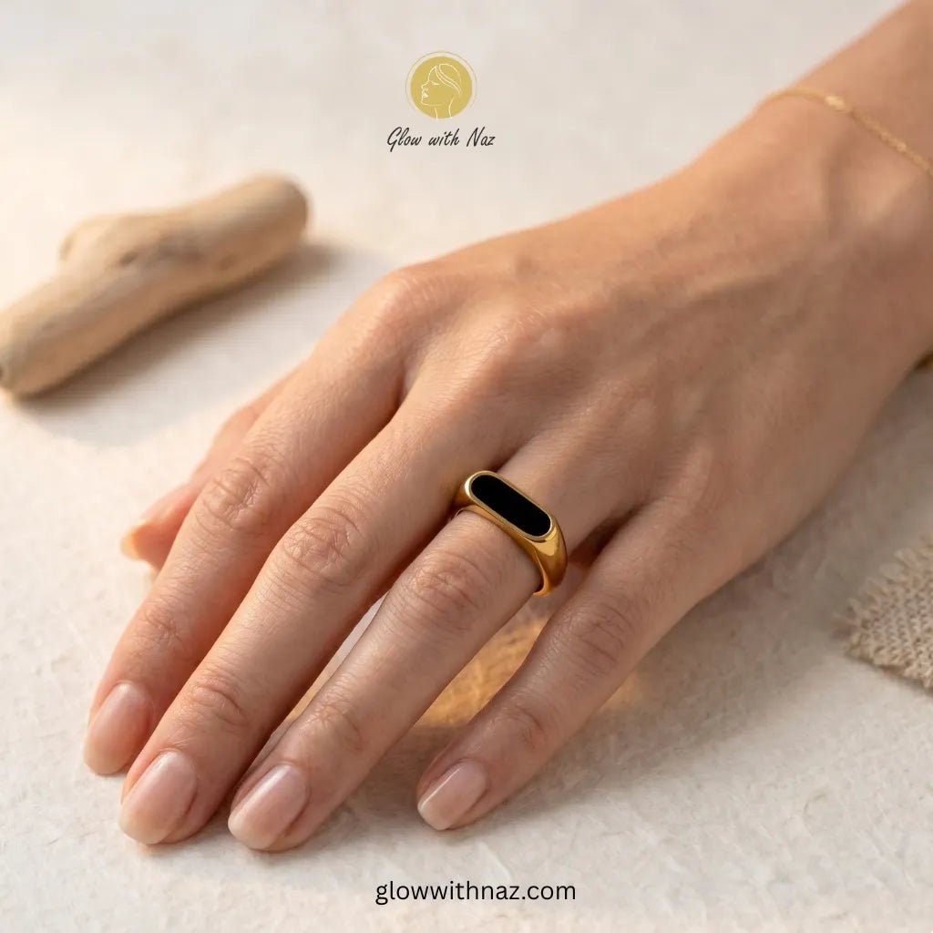24K Gold Plated Premium Black Epoxy Ring - 24K Gold Plated Premium Black Epoxy RingJewelryGlow With NazGlow With NazN-R005N-R00524K Gold Plated, ring, girls rings, rings for girls, rings simple, simple rings, stainless steel jewelry, jewellery set, aesthetic jewelry, simple jewellery, chain, jewelry, artificial jewellery, green jewellery, girls jewellery, rings for women, black ring, flower jewellery, chain for girls, jewellery for girls, jewellery Premium Black Epoxy Ring
