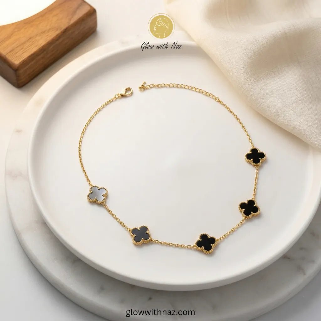 5 Clover Black Stylish Gold Plated Stainless Steel Necklace - 5 Clover Black Stylish Gold Plated Stainless Steel NecklaceJewelryGlow With NazGlow With NazN-N004N-N0045 Clover Black Stylish Gold Plated Stainless Steel Necklace necklace, pendant necklace, necklace set, locket set, simple necklace, pendant set, pendant, chain necklace, diamond pendant, diamond necklace, locket necklace, neck chain, girls locket, heart locket, pendant for girls, necklace for girls, heart necklace, locket for girls, 