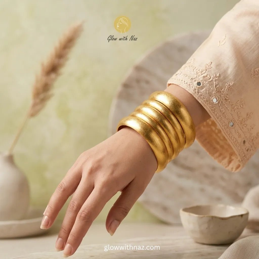 6 Pieces Artificial Gold Plated Bangles - 6 Pieces Artificial Gold Plated BanglesJewelryGlow With NazGlow With NazN-B024N-B024Wide Gold Cuff Bracelet | Waterproof 18k Gold Plated Statement 
