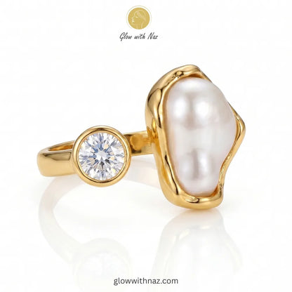 Baroque Pearl and Moissanite Dual-Stone Open Ring in 18K Gold Plating with sculptural wavy bezel setting by Glow with Naz, ring, girls rings, rings for girls, rings simple, simple rings, stainless steel jewelry, jewellery set, aesthetic jewelry, simple jewellery, chain, jewelry, artificial jewellery, green jewellery, girls jewellery, rings for women, black ring, flower jewellery, chain for girls, jewellery for girls, jewellery