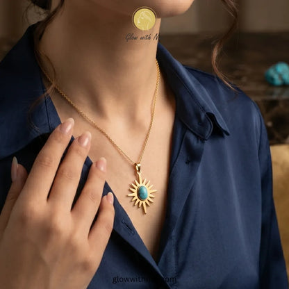 Celestial Sunburst Turquoise Pendant Necklace | Glow with Naz, necklace, pendant necklace, necklace set, locket set, simple necklace, pendant set, pendant, chain necklace, diamond pendant, diamond necklace, locket necklace, neck chain, girls locket, heart locket, pendant for girls, necklace for girls, heart necklace, locket for girls, diamond locket, pendant necklace for girls, heart chain locket, stainless steel necklace, double chain necklace, ruby necklace, neck chain for girls, locket design, pendant de