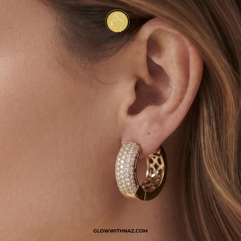 A close-up of a model's ear wearing a gold huggie hoop earring paved with small clear stones, with a matching gold stud earring in the opposite ear. The brand name 'GLOWWITHNAZ. studs earrings, small earrings, girls earrings, simple earrings, earrings for girls, black earrings, earrings, ear rings, earrings tops, stud earrings, tops earrings, aesthetic earrings, hoop earrings, drop earrings, diamond earrings, pink earrings, green earrings, ear ring, earrings for women, flower earrings, golden earrings, bali