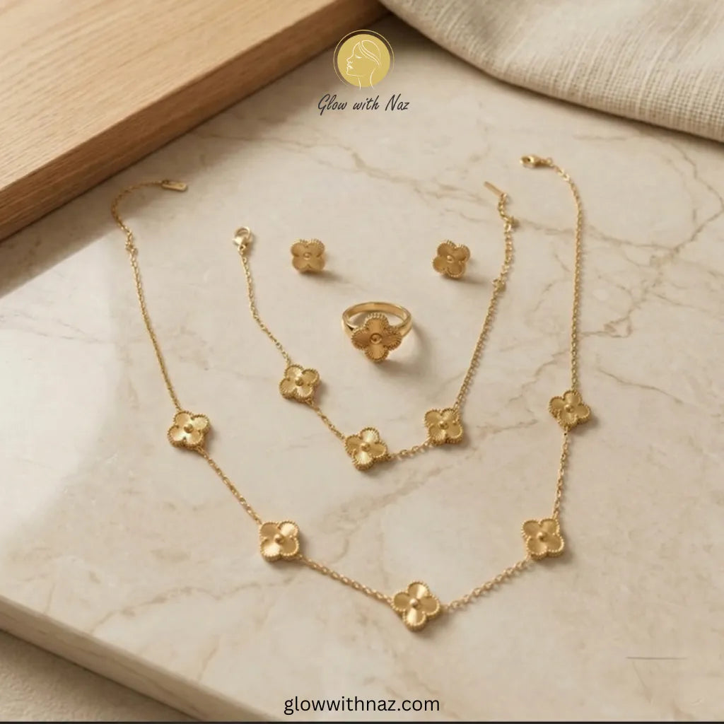 Four-Golden Clover Stainless Steel Jewelry Set – Necklace, Earrings, Ring & Bracelet necklace, pendant necklace, necklace set, locket set, simple necklace, pendant set, pendant, chain necklace, diamond pendant, diamond necklace, locket necklace, neck chain, girls locket, heart locket, pendant for girls, necklace for girls, heart necklace, locket for girls, diamond locket, pendant necklace for girls, heart chain locket, stainless steel necklace, double chain necklace, ruby necklace, neck chain for girls, loc