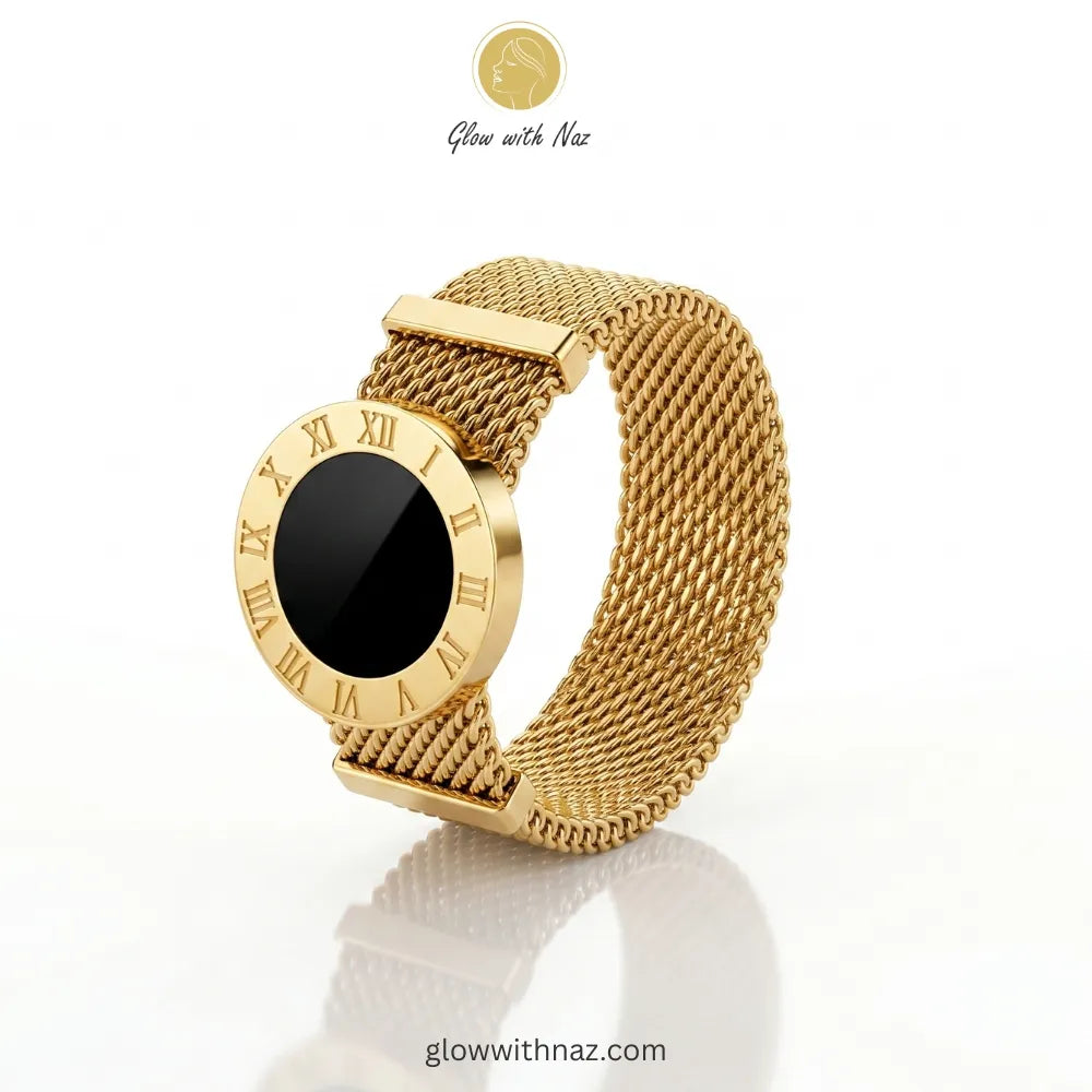 Gold Roman numeral black enamel mesh band ring in 18K gold plated stainless steel, anti-tarnish designer inspired ring available online in Pakistan by Glow with Naz, ring, girls rings, rings for girls, rings simple, simple rings, stainless steel jewelry, jewellery set, aesthetic jewelry, simple jewellery, chain, jewelry, artificial jewellery, green jewellery, girls jewellery, rings for women, black ring, flower jewellery, chain for girls, jewellery for girls, jewellery