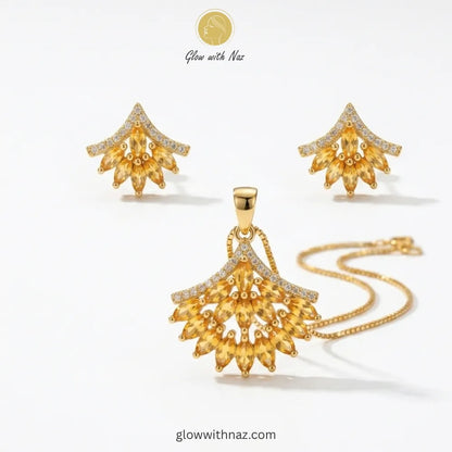 Golden Champagne Zircon Fan Shape Jewelry Set necklace, pendant necklace, necklace set, locket set, simple necklace, pendant set, pendant, chain necklace, diamond pendant, diamond necklace, locket necklace, neck chain, girls locket, heart locket, pendant for girls, necklace for girls, heart necklace, locket for girls, diamond locket, pendant necklace for girls, heart chain locket, stainless steel necklace, double chain necklace, ruby necklace, neck chain for girls, locket design, pendant design, necklace de
