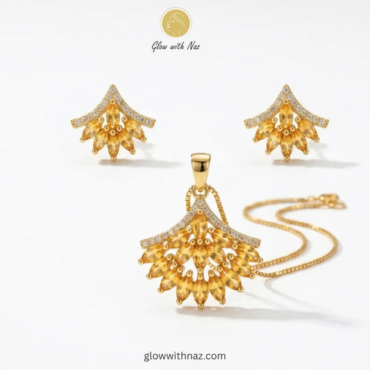 Golden Champagne Zircon Fan Shape Jewelry Set necklace, pendant necklace, necklace set, locket set, simple necklace, pendant set, pendant, chain necklace, diamond pendant, diamond necklace, locket necklace, neck chain, girls locket, heart locket, pendant for girls, necklace for girls, heart necklace, locket for girls, diamond locket, pendant necklace for girls, heart chain locket, stainless steel necklace, double chain necklace, ruby necklace, neck chain for girls, locket design, pendant design, necklace de