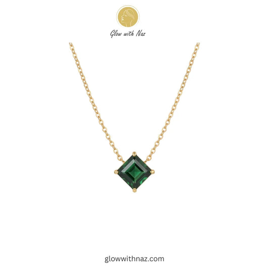 Green Square Zircon Gold Pendant Necklace Pink tulip Necklace with pink stones on a white plate, brand 'Glow with Naz' visible