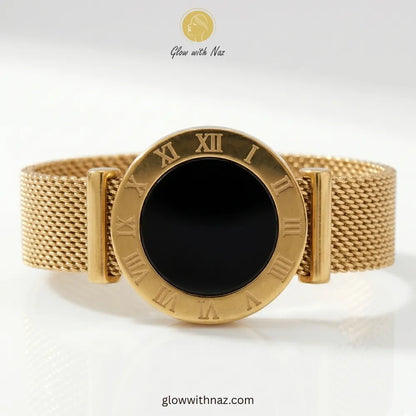 Close-up of a gold and black Roman numeral mesh ring, showcasing premium stainless steel craftsmanship. ring, girls rings, rings for girls, rings simple, simple rings, stainless steel jewelry, jewellery set, aesthetic jewelry, simple jewellery, chain, jewelry, artificial jewellery, green jewellery, girls jewellery, rings for women, black ring, flower jewellery, chain for girls, jewellery for girls, jewellery