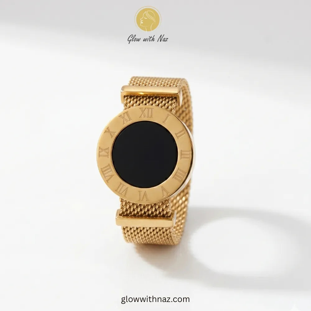 Modern Gold Mesh Ring with Roman Numerals, ring, girls rings, rings for girls, rings simple, simple rings, stainless steel jewelry, jewellery set, aesthetic jewelry, simple jewellery, chain, jewelry, artificial jewellery, green jewellery, girls jewellery, rings for women, black ring, flower jewellery, chain for girls, jewellery for girls, jewellery