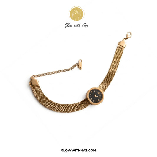 Stainless Steel Gold Watch-Style Mesh Bracelet for Women