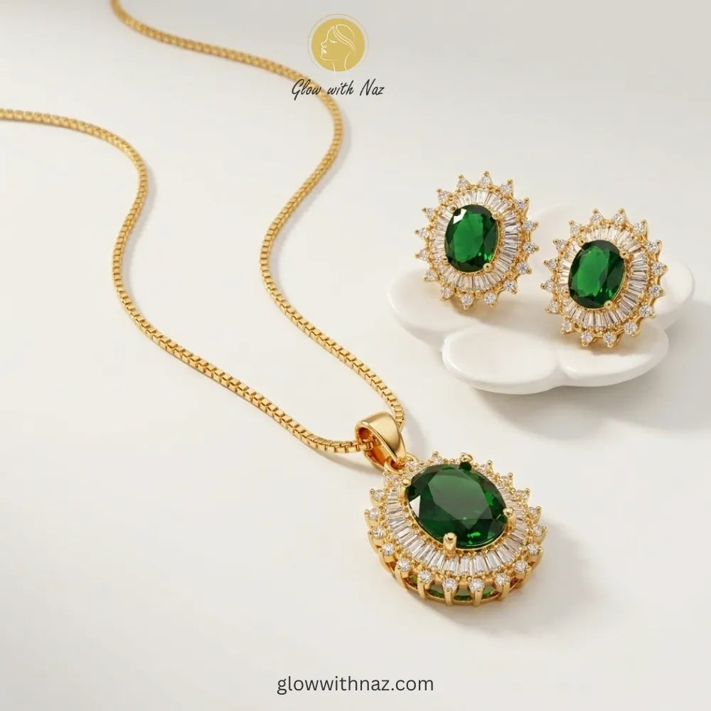 Premium Gold-Plated Emerald Zircon and Crystal Necklace Set by Glow with Naz