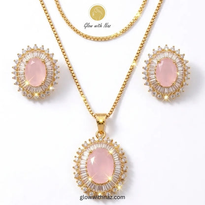 Premium Gold-Plated Pink Zircon and Crystal Necklace Set by Glow with Naz
