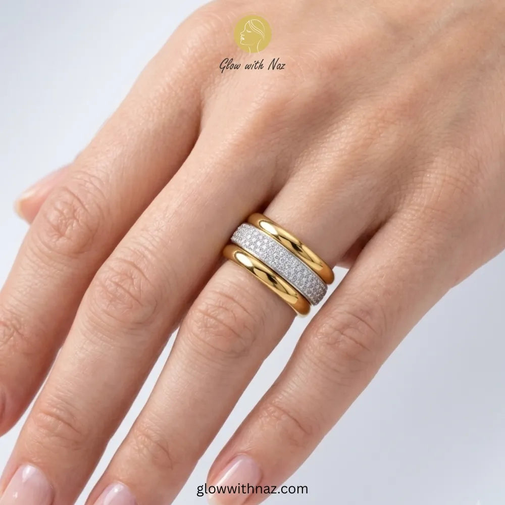 Pure Stainless Steel stacking rings, highlighting the dazzling pave crystals and radiant gold finish ring, girls rings, rings for girls, rings simple, simple rings, stainless steel jewelry, jewellery set, aesthetic jewelry, simple jewellery, chain, jewelry, artificial jewellery