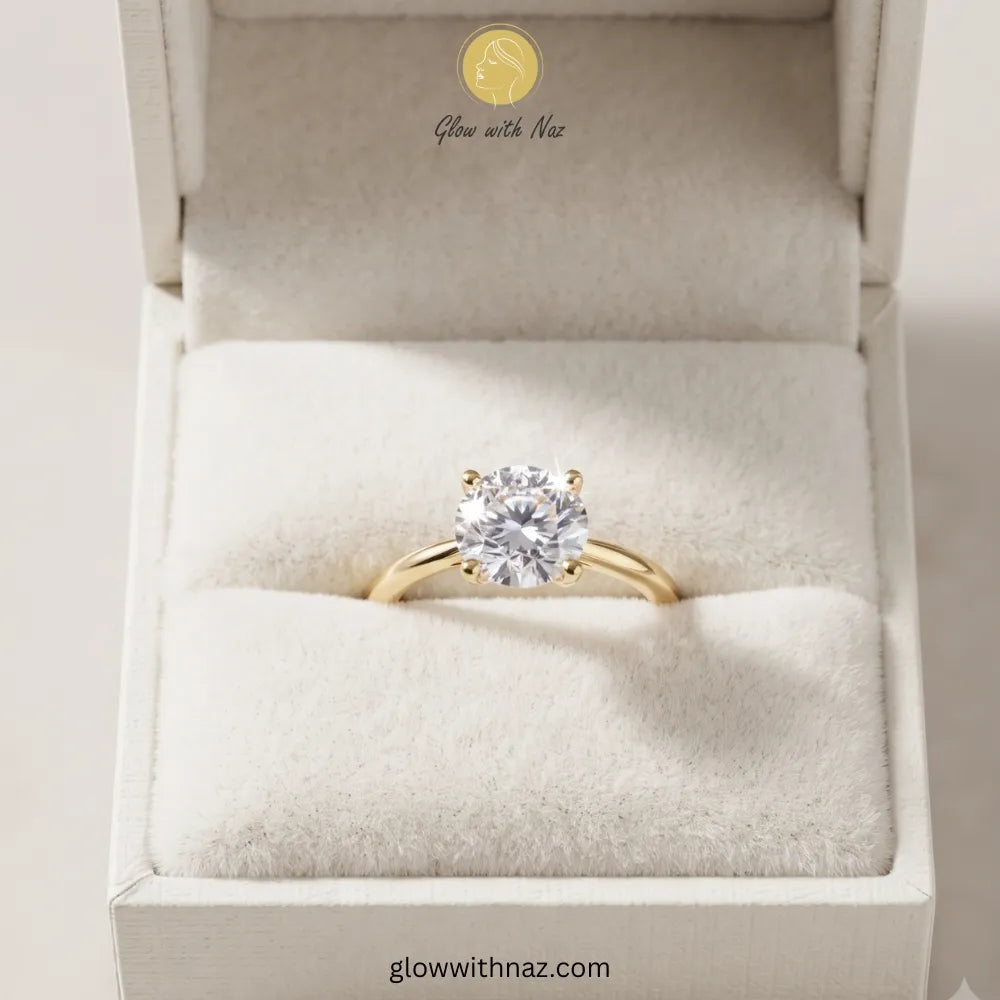 A yellow gold solitaire engagement ring with a round-cut clear gemstone, presented in a white jewelry box with a soft cream insert. The brand name 'Glow with Naz' is visible on the inside lid and as a watermark at the bottom. ring, girls rings, rings for girls, rings simple, simple rings, stainless steel jewelry, jewellery set, aesthetic jewelry, simple jewellery, chain, jewelry, artificial jewellery