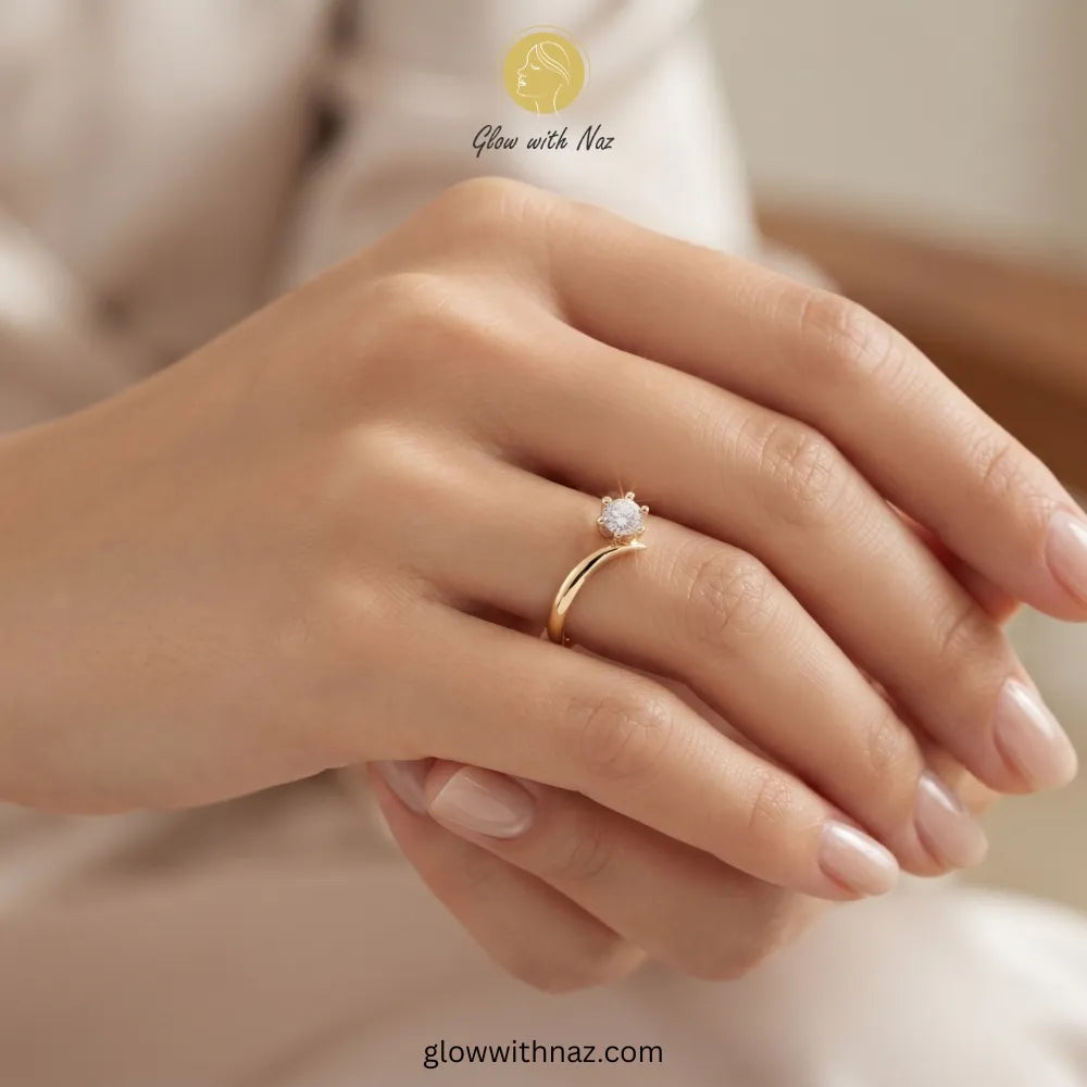 A close-up lifestyle shot of a person's hands wearing a delicate gold ring with a single clear gemstone. The background is a soft, warm beige tone, and there is a 'Glow with Naz' watermark logo at the top. ring, girls rings, rings for girls, rings simple, simple rings, stainless steel jewelry, jewellery set, aesthetic jewelry, simple jewellery, chain, jewelry, artificial jewellery