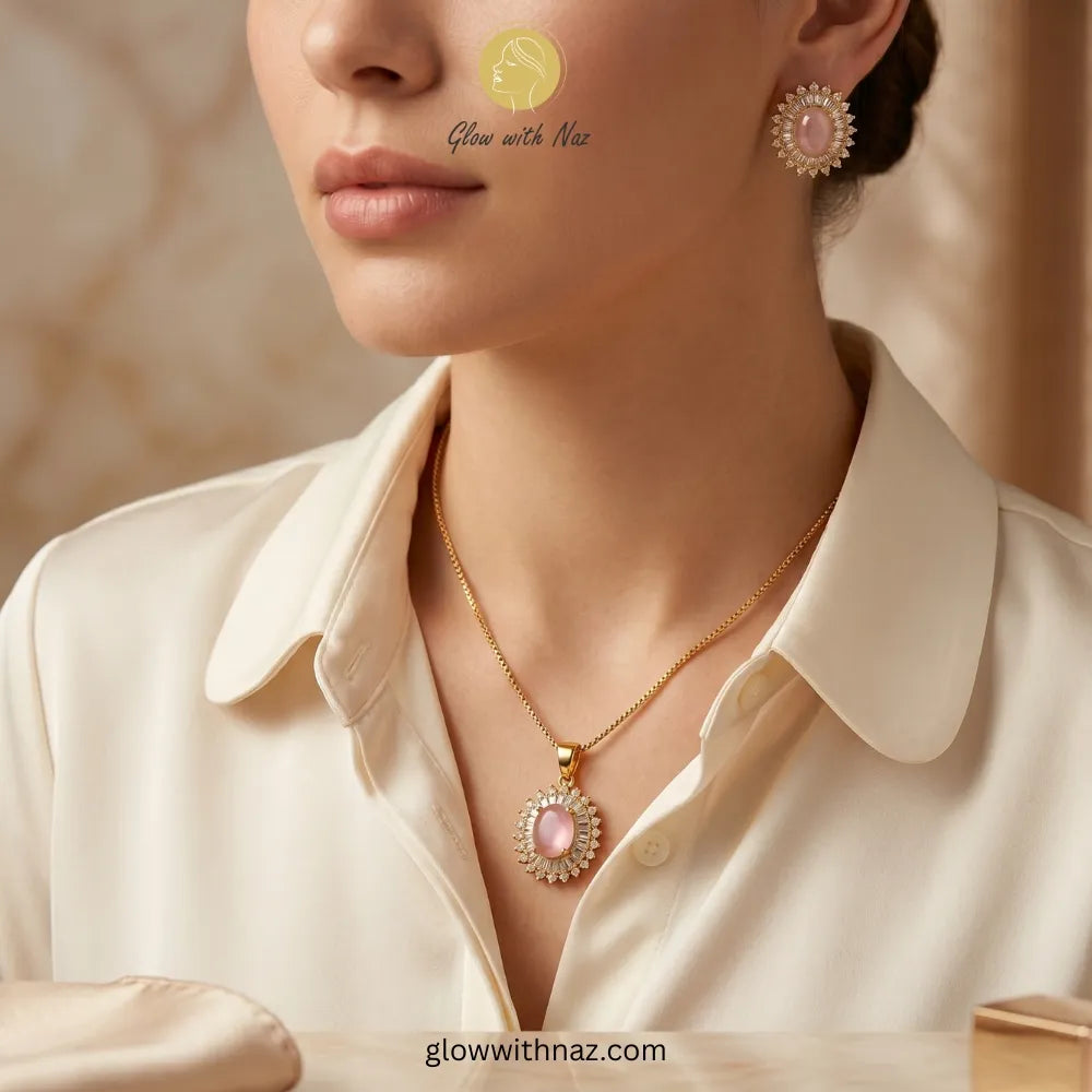 Royal Oval Pink Zircon Pendant with Gold Box Chain