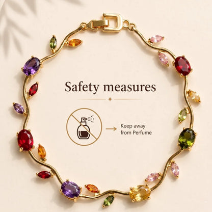 Bracelet with colorful gemstones and safety measure warning on a beige background