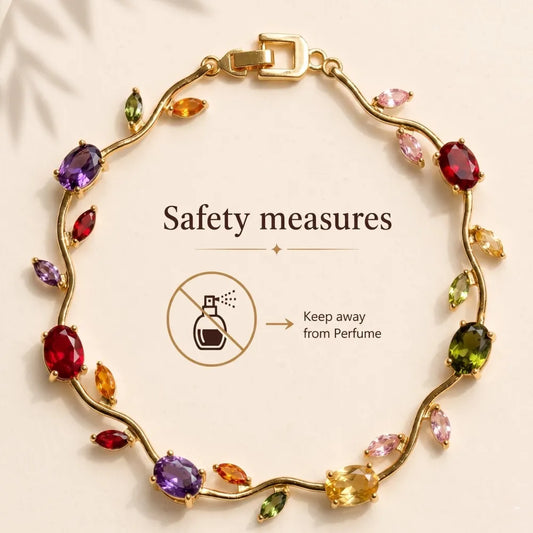 Bracelet with colorful gemstones and safety measure warning on a beige background