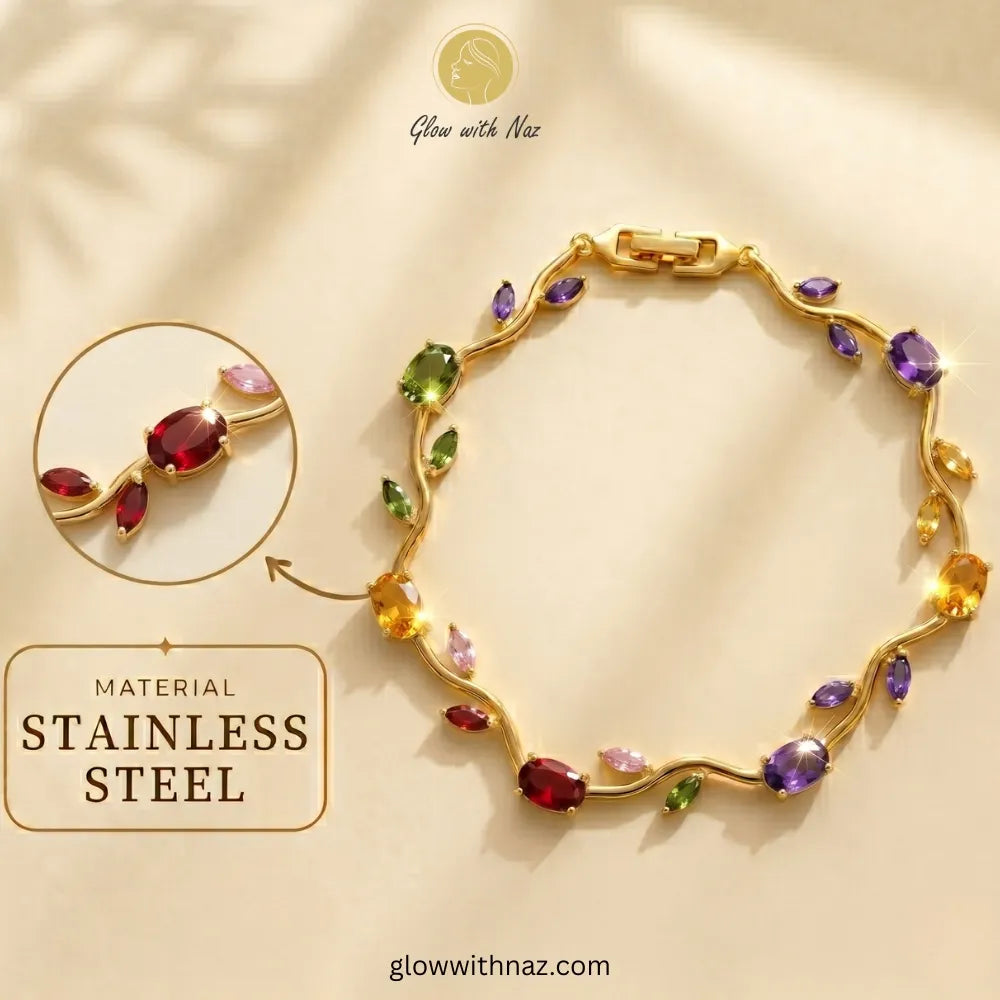A gold-tone stainless steel bracelet with colorful gemstone accents, displayed on a warm beige background with promotional text and a circular detail inset. Tulip Rapunzel bracelet, floral tulip bracelet, Rapunzel inspired jewelry, aesthetic tulip bracelet, trendy charm bracelet, stainless steel tulip bracelet, gold plated flower bracelet, delicate floral wrist accessory, cute aesthetic jewelry, viral tulip bracelet, Rapunzel theme accessories, dainty floral bracelet, crystal tulip charm, stacking bracelets