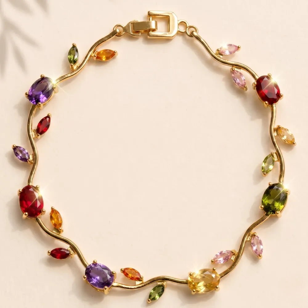 Gold bracelet with multicolored gemstones on a beige background Tulip Rapunzel bracelet, floral tulip bracelet, Rapunzel inspired jewelry, aesthetic tulip bracelet, trendy charm bracelet, stainless steel tulip bracelet, gold plated flower bracelet, delicate floral wrist accessory, cute aesthetic jewelry, viral tulip bracelet, Rapunzel theme accessories, dainty floral bracelet, crystal tulip charm, stacking bracelets for women, minimalist floral jewelry, spring aesthetic bracelet, elegant tulip wristband, af