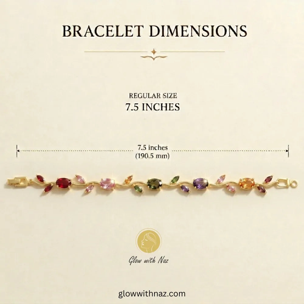 A bracelet dimension diagram showing a gold bracelet with multicolored gemstones on a cream background, with text reading 'BRACELET DIMENSIONS' and 'REGULAR SIZE 7.5 INCHES'. Tulip Rapunzel bracelet, floral tulip bracelet, Rapunzel inspired jewelry, aesthetic tulip bracelet, trendy charm bracelet, stainless steel tulip bracelet, gold plated flower bracelet, delicate floral wrist accessory, cute aesthetic jewelry, viral tulip bracelet, Rapunzel theme accessories, dainty floral bracelet, crystal tulip charm, 