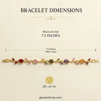 A bracelet dimension diagram showing a gold bracelet with multicolored gemstones on a cream background, with text reading 'BRACELET DIMENSIONS' and 'REGULAR SIZE 7.5 INCHES'. Tulip Rapunzel bracelet, floral tulip bracelet, Rapunzel inspired jewelry, aesthetic tulip bracelet, trendy charm bracelet, stainless steel tulip bracelet, gold plated flower bracelet, delicate floral wrist accessory, cute aesthetic jewelry, viral tulip bracelet, Rapunzel theme accessories, dainty floral bracelet, crystal tulip charm, 
