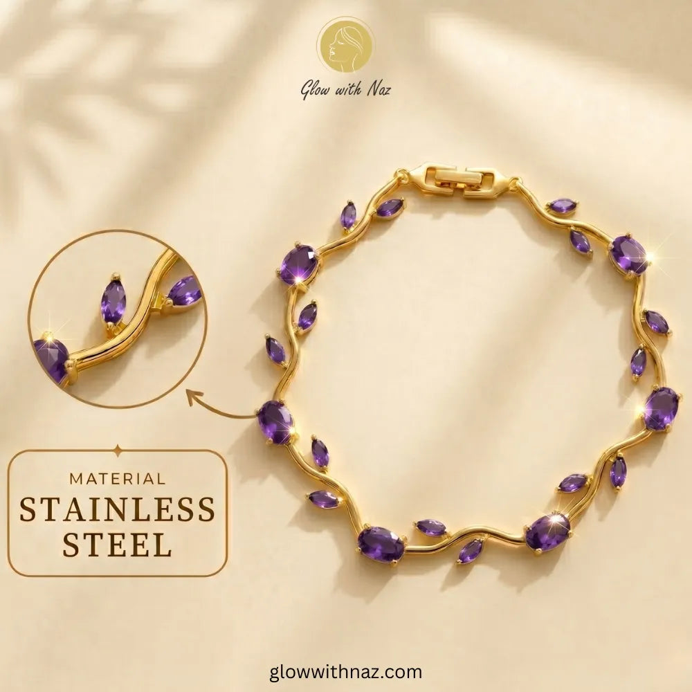 Gold-plated stainless steel bracelet with marquise-cut purple amethyst gemstones, displayed on a warm beige background with a circular inset showing a close-up of the crystal setting. Tulip Rapunzel bracelet, floral tulip bracelet, Rapunzel inspired jewelry, aesthetic tulip bracelet, trendy charm bracelet, stainless steel tulip bracelet, gold plated flower bracelet, delicate floral wrist accessory, cute aesthetic jewelry, viral tulip bracelet, Rapunzel theme accessories, dainty floral bracelet, crystal tuli