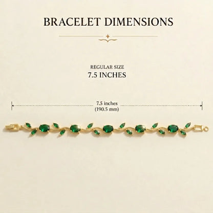 A gold bracelet with green gemstone accents displayed on a light beige background, with text above reading 'BRACELET DIMENSIONS' and 'REGULAR SIZE 7.5 INCHES' plus a dimension line showing 7. Tulip Rapunzel bracelet, floral tulip bracelet, Rapunzel inspired jewelry, aesthetic tulip bracelet, trendy charm bracelet, stainless steel tulip bracelet, gold plated flower bracelet, delicate floral wrist accessory, cute aesthetic jewelry, viral tulip bracelet, Rapunzel theme accessories, dainty floral bracelet, crys