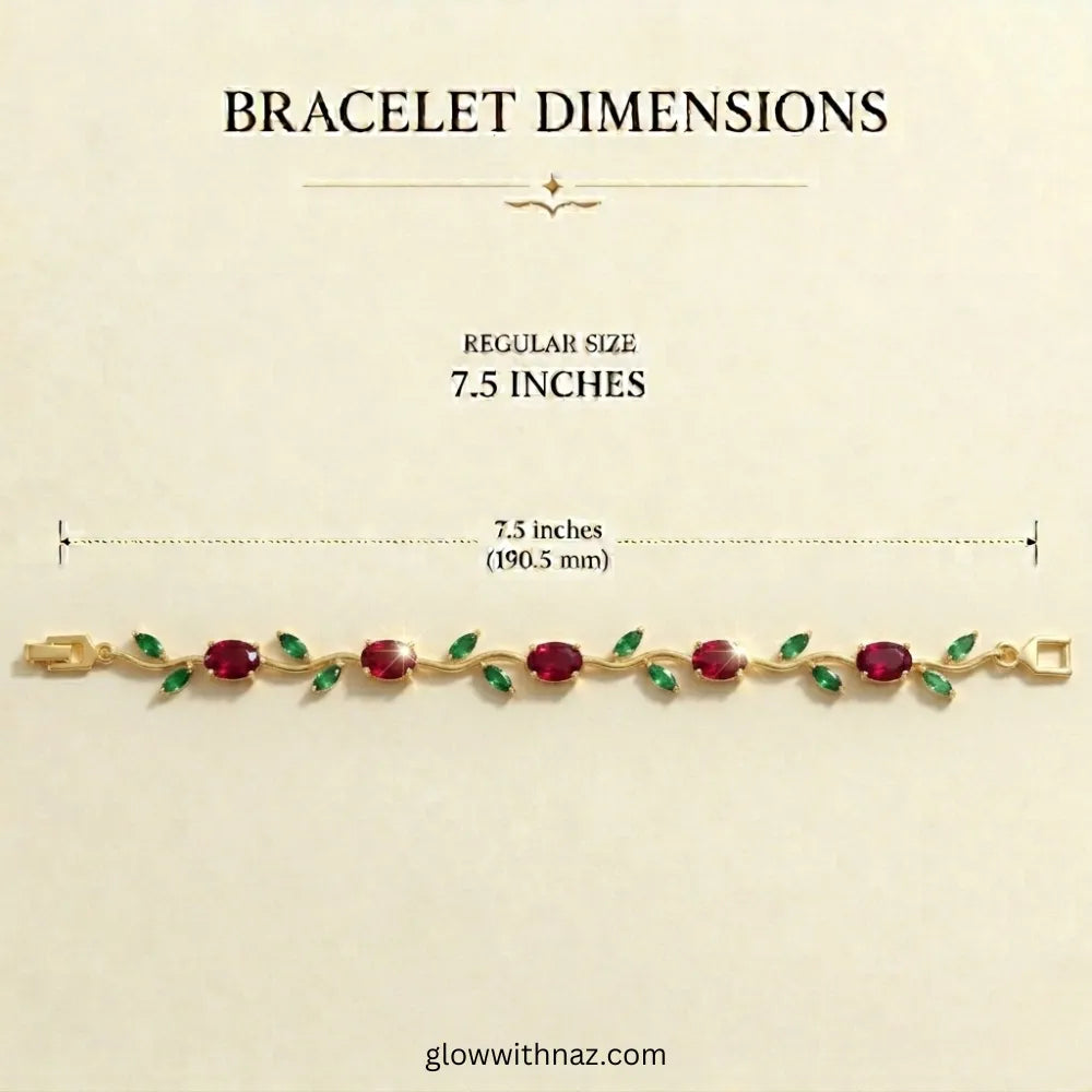 Bracelet dimensions showing 7.5 inches with a gold bracelet featuring red and green stones on a beige background. Tulip Rapunzel bracelet, floral tulip bracelet, Rapunzel inspired jewelry, aesthetic tulip bracelet, trendy charm bracelet, stainless steel tulip bracelet, gold plated flower bracelet, delicate floral wrist accessory, cute aesthetic jewelry, viral tulip bracelet, Rapunzel theme accessories, dainty floral bracelet, crystal tulip charm, stacking bracelets for women, minimalist floral jewelry, spri