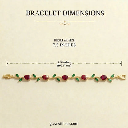 Bracelet dimensions showing 7.5 inches with a gold bracelet featuring red and green stones on a beige background. Tulip Rapunzel bracelet, floral tulip bracelet, Rapunzel inspired jewelry, aesthetic tulip bracelet, trendy charm bracelet, stainless steel tulip bracelet, gold plated flower bracelet, delicate floral wrist accessory, cute aesthetic jewelry, viral tulip bracelet, Rapunzel theme accessories, dainty floral bracelet, crystal tulip charm, stacking bracelets for women, minimalist floral jewelry, spri