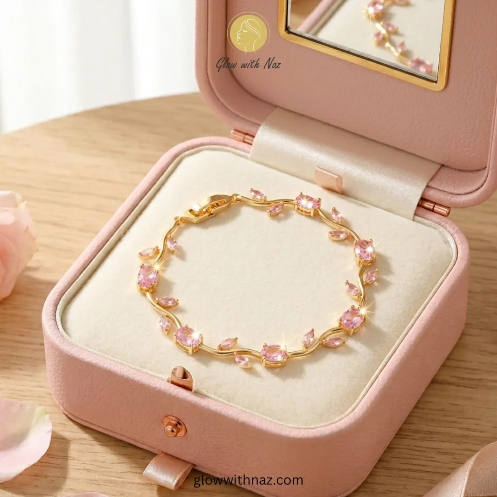 A gold bracelet with pink teardrop gemstones displayed inside an open pink jewelry box on a light wooden surface. Tulip Rapunzel bracelet, floral tulip bracelet, Rapunzel inspired jewelry, aesthetic tulip bracelet, trendy charm bracelet, stainless steel tulip bracelet, gold plated flower bracelet, delicate floral wrist accessory, cute aesthetic jewelry, viral tulip bracelet, Rapunzel theme accessories, dainty floral bracelet, crystal tulip charm, stacking bracelets for women, minimalist floral jewelry, spri