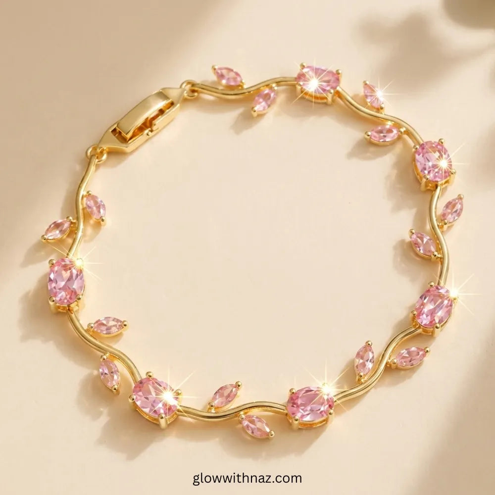 Gold bracelet with pink gemstones on a beige background Tulip Rapunzel bracelet, floral tulip bracelet, Rapunzel inspired jewelry, aesthetic tulip bracelet, trendy charm bracelet, stainless steel tulip bracelet, gold plated flower bracelet, delicate floral wrist accessory, cute aesthetic jewelry, viral tulip bracelet, Rapunzel theme accessories, dainty floral bracelet, crystal tulip charm, stacking bracelets for women, minimalist floral jewelry, spring aesthetic bracelet, elegant tulip wristband, affordable