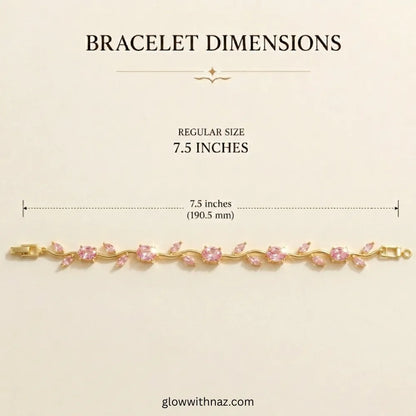 Bracelet dimensions chart showing a gold bracelet with pink gemstones on a light beige background, labeled as 7.5 inches (190. Tulip Rapunzel bracelet, floral tulip bracelet, Rapunzel inspired jewelry, aesthetic tulip bracelet, trendy charm bracelet, stainless steel tulip bracelet, gold plated flower bracelet, delicate floral wrist accessory, cute aesthetic jewelry, viral tulip bracelet, Rapunzel theme accessories, dainty floral bracelet, crystal tulip charm, stacking bracelets for women, minimalist floral 