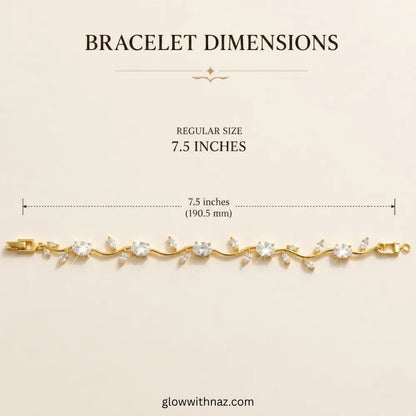Bracelet dimensions chart showing a gold vine-style bracelet with clear stones, labeled as 7.5 inches (190. Tulip Rapunzel bracelet, floral tulip bracelet, Rapunzel inspired jewelry, aesthetic tulip bracelet, trendy charm bracelet, stainless steel tulip bracelet, gold plated flower bracelet, delicate floral wrist accessory, cute aesthetic jewelry, viral tulip bracelet, Rapunzel theme accessories, dainty floral bracelet, crystal tulip charm, stacking bracelets for women, minimalist floral jewelry, spring aes