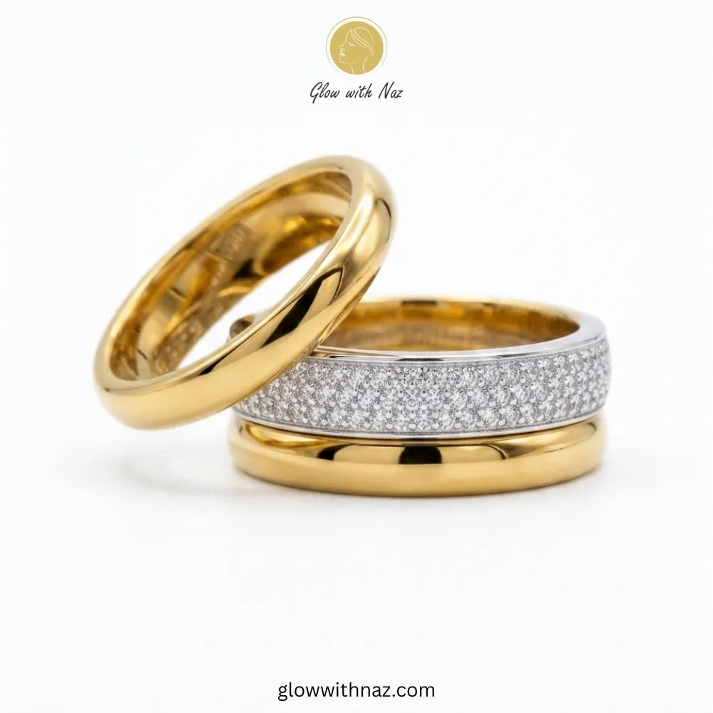 Crystal Pave Set of 3 resting elegantly in a plush white ring box, showcasing the beautiful contrast between the smooth gold bands and the crystal-encrusted center by Glow With Nazring, girls rings, rings for girls, rings simple, simple rings, stainless steel jewelry, jewellery set, aesthetic jewelry, simple jewellery, chain, jewelry, artificial jewellery